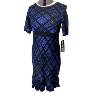 New Black & Blue Plaid Dress Flounce-Hem Sz M by Nina Leonard Knit Office Siren
